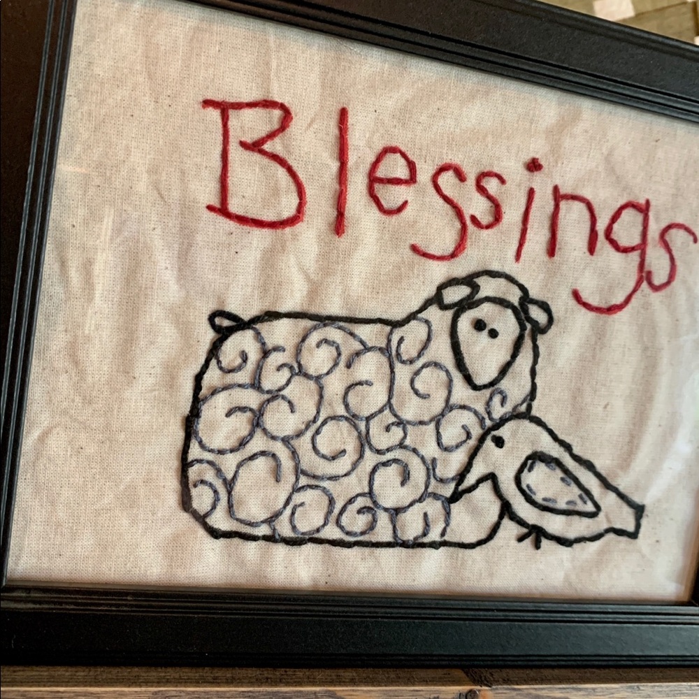 Primitive Farmhouse “Blessings” Embroidered Decor